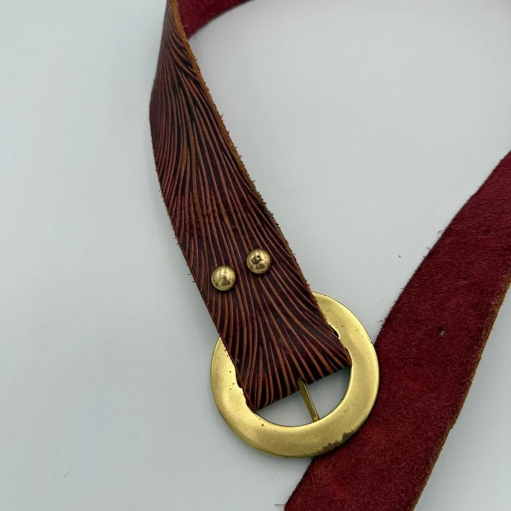 Leather Belt Womens Large Burgundy Brass Round Buckle Textured Boho Vintage